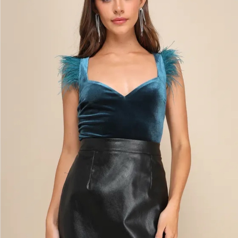 Lulu's Teal Blue Velvet Feather Sleeve Bodysuit